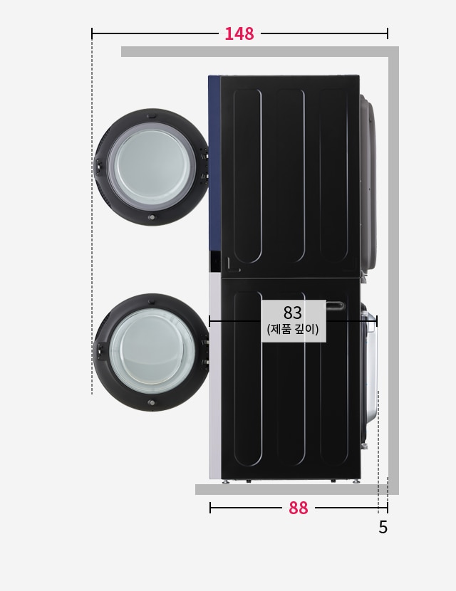 세탁기와 건수도꼭지가 옆 면에 설치된 세탁기와 건조기의 측면 깊이 88 전체 깊이 148 치수를 나타내는 다이어그램, 도어 개방 각도와 제품 깊이 정보 표시