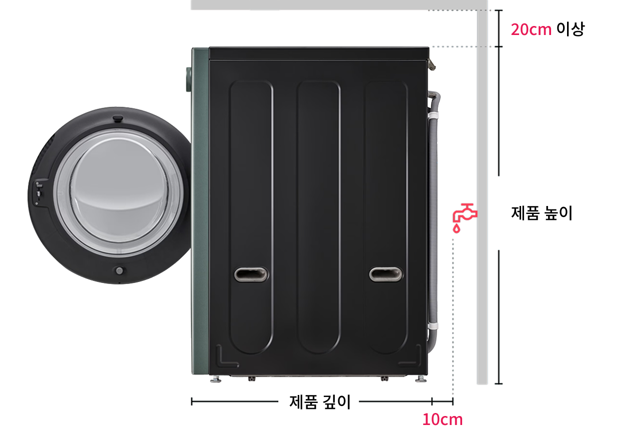 수도꼭지가 후면에 있는 경우의 워시콤보 제품의 측면샷, 제품의 깊이를 기준으로 10cm 높이를 기준으로 상단의 20cm 이상의 여유 공간이 필요하다는 내용의 이미지