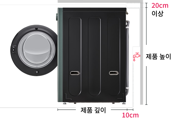 수도꼭지가 후면에 있는 경우의 워시콤보 제품의 측면샷, 제품의 깊이를 기준으로 10cm 높이를 기준으로 상단의 20cm 이상의 여유 공간이 필요하다는 내용의 이미지