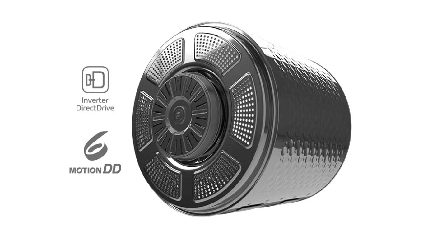 LG 트롬 건조기의 DD(Direct Drive) 모터와 6모션 기능을 설명하는 이미지. 원통형 드럼이 강조되었으며, 자연건조의 움직임을 재현한 다양한 모션으로 섬세한 건조가 가능함을 표현.