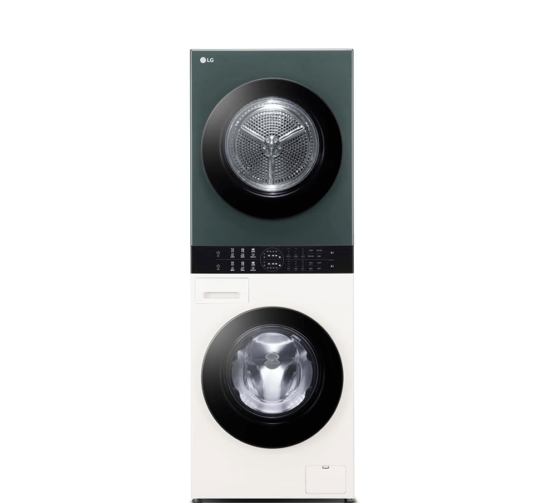 LG 트롬 오브제컬렉션 워시타워 컴팩트 제품 이미지. 상단에 건조기, 하단에 세탁기가 일체형으로 구성된 디자인.