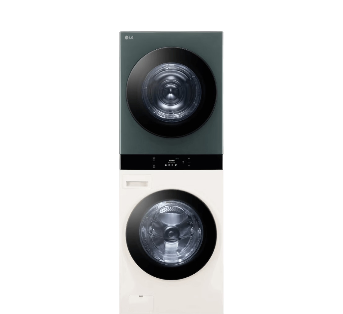 LG 트롬 오브제컬렉션 워시타워 제품 이미지. 상단에 건조기, 하단에 세탁기가 일체형으로 구성된 디자인.