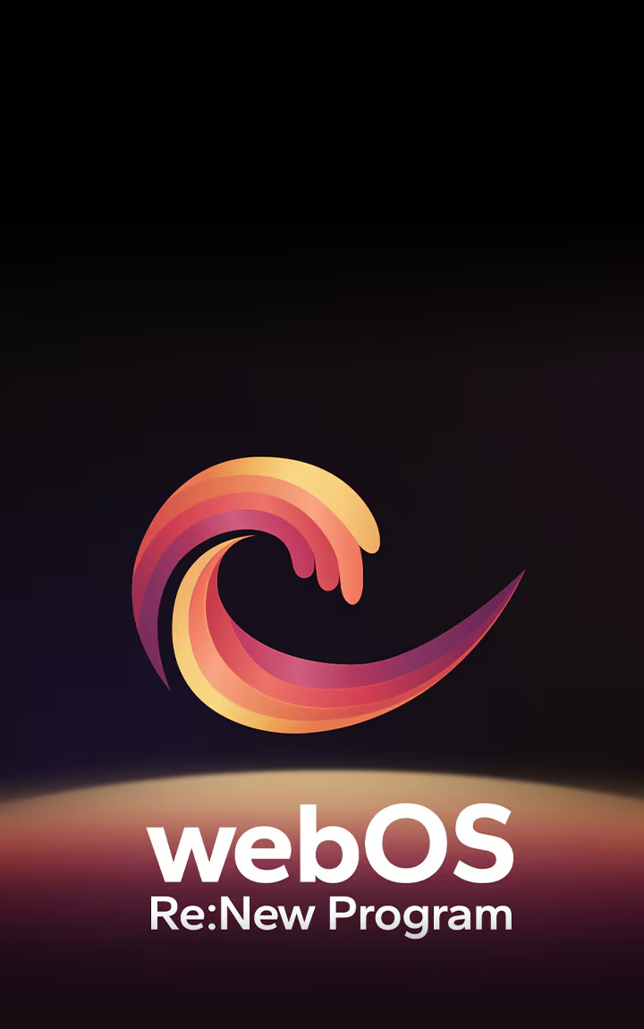 검은색 바탕에 webOS 로고가 중앙을 맴돌고 있고, 아래 공간은 빨간색, 주황색, 노란색의 로고 색상이 점등. 'webOS Re:New Program' 이라는 문구는 로고 아래에 위치함.