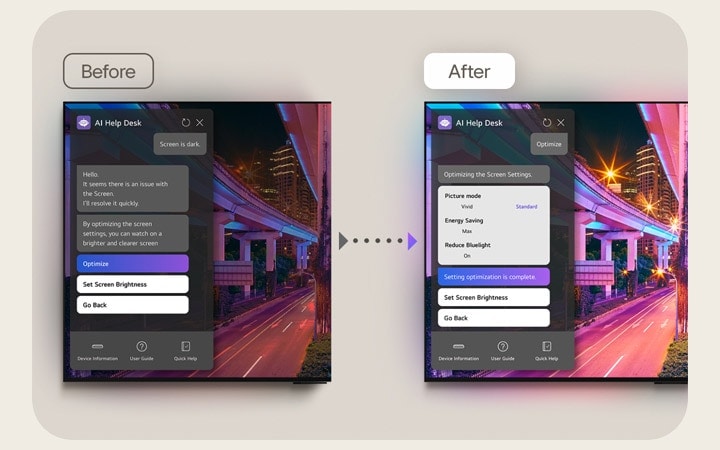 TV의 비포(Before)와 애프터(After) 이미지가 나란히 표시. 비포(Before) 화면에는 AI 헬프 데스크(AI Help Desk)에 대한 팝업과 함께 어두운 사진이 표시됨. 채팅창 : '화면이 어두워요.' '안녕하세요. 화면에 문제가 있는 것 같습니다. 빠르게 해결하겠습니다.' '화면 설정을 최적화하면 더 밝고 선명한 화면으로 볼 수 있습니다.'. 채팅창 아래 '최적화' 버튼을 클릭. 애프터(After) 화면에는 밝고 선명한 화면. 채팅창에는 '화면 설정 최적화. 화면 모드 = 선명한 화면. 에너지 절약 = 최대. 블루 라이트 끄기 기능 = 설정' 팝업.