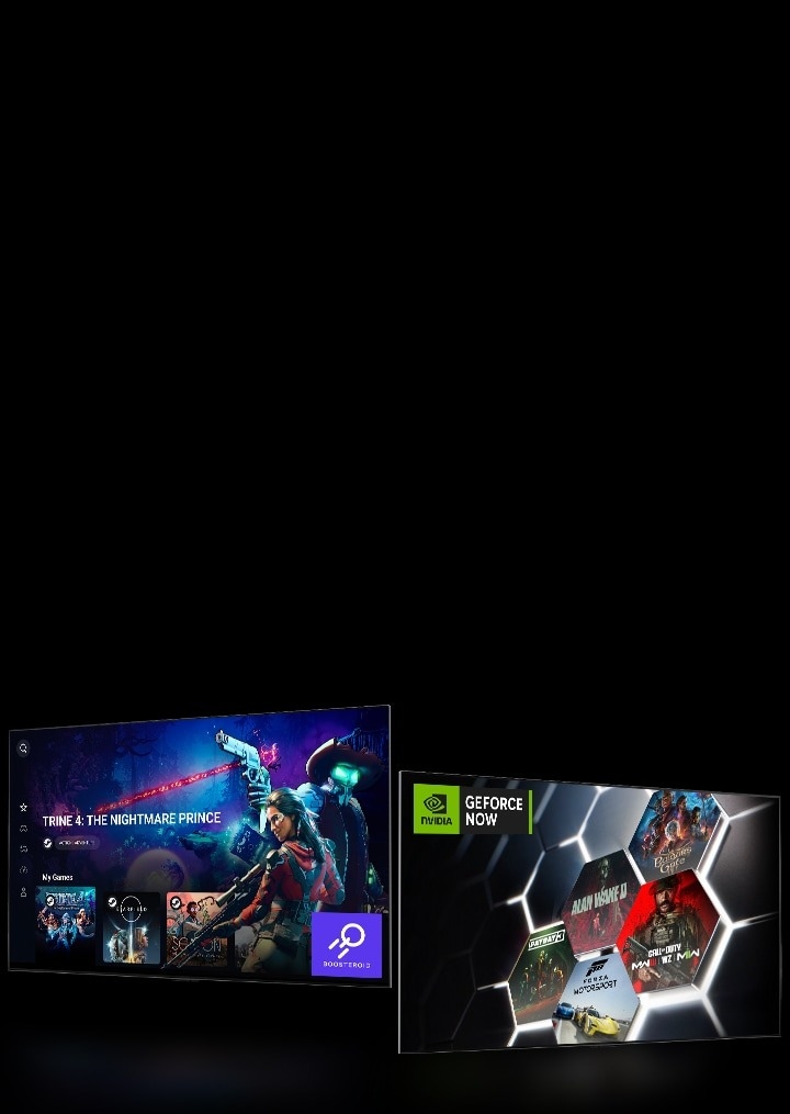 나란히 놓인 Boosteroid 홈 화면과 GeForce NOW 홈 화면