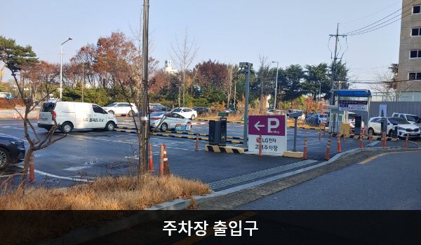 서전주서비스센터의 건물 뒤편에 지상 주차장이 있습니다. 'P', 'LG전자 고객주차장'이라는 글자가 크게 쓰인 보라색 입간판이 입구에 있습니다. 주차장에서도 건물로 바로 들어갈 수 있는 자동문 출입구가 있습니다.