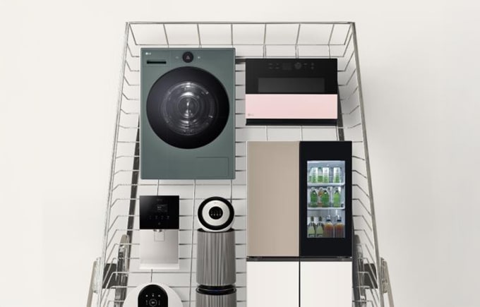 쇼핑카트에 건조기, 냉장고, 공기청정기, 전자레인지, 정수기 등이 담겨 있습니다.