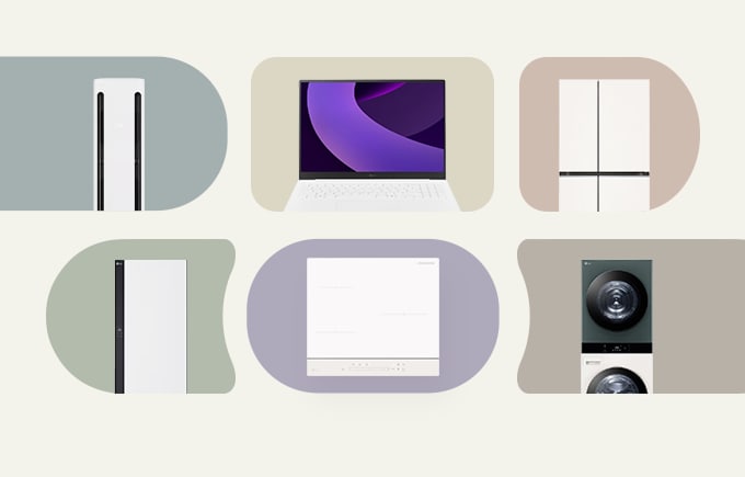 6가지 LG 제품(에어컨, 노트북, 냉장고, 스타일러, 전기레인지, 워시타워)이 다양한 모양의 도형안에 들어있는 이미지입니다.