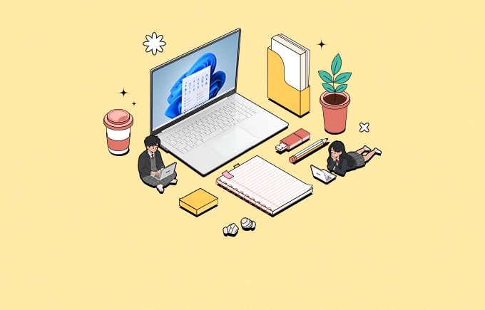 노란색 배경에 남녀 학생 둘이 누워있거나 앉아서 노트북을 바라보고 있고, 커피잔/메모장/노트/연필 등이 정사각형 구도를 그리며 반듯하게 놓여 있으며 중심에 그램 노트북이 있음