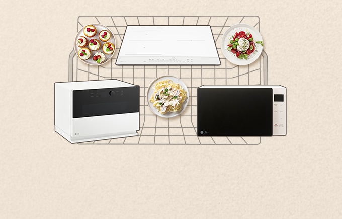 배경은 밝은 베이지 톤이며, LG 전자레인지와 오븐, 그 위에 음식 접시들이 식탁 위에 놓인 듯 배치된 이미지