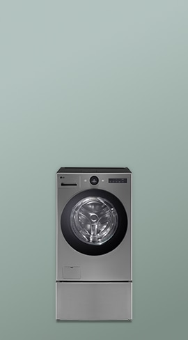 짙은 청록색 배경으로 LG 트롬 오브제컬렉션 워시콤보 + 미니워시 제품의 정면컷이다.