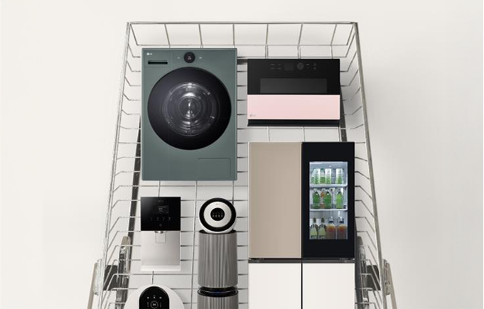 쇼핑카트에 건조기, 냉장고, 공기청정기, 전자레인지, 정수기 등이 담겨 있습니다.