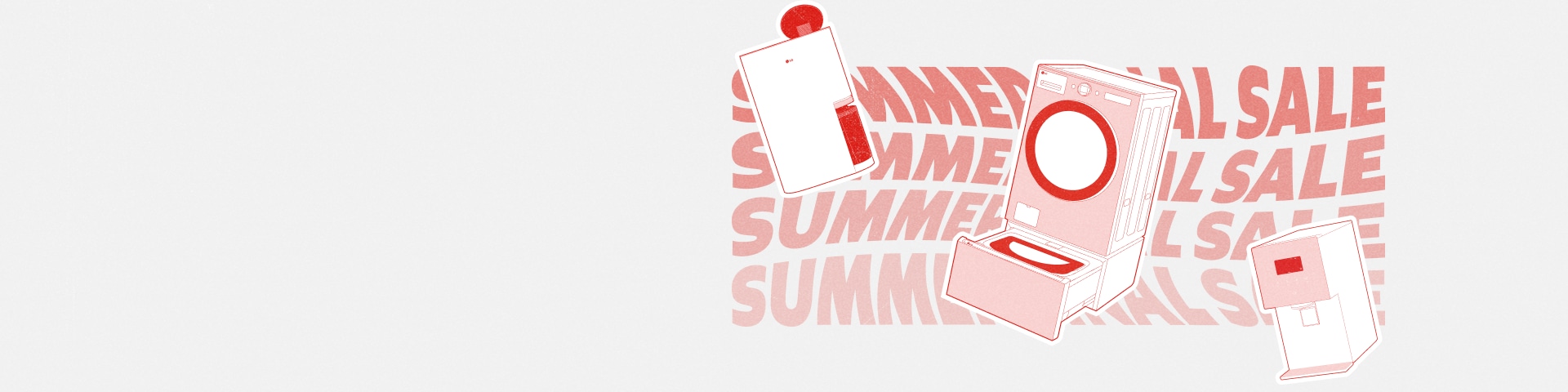 회색 배경에 SUMMER FINAR SALE 붉은색 폰트 이미지가 물결 형태로 반복적으로 노출되고 그 위에 엘지 제습기, 세탁기, 얼음정수기가 붉은색 라인드로잉 형태로 노출됩니다