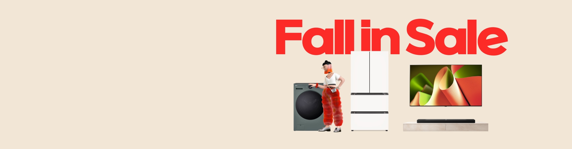 베이지색상 배경에 우측 상단에 'Fall in Sale' 문구가 있고 아래에는 LG 드럼세탁기를 동작하고 있는 여자 캐릭터와 냉장고, TV, 사운드 바가 있습니다