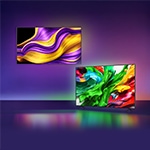 보라색에서 자주색으로 그라데이션 되는 배경에 2025형 LG OLED TV 정면컷과 2025형 LG QNED TV 측면컷이 순서대로 나열되어 있습니다