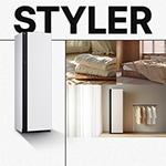 STYLER 텍스트와 함께 LG 스타일러 제품 이미지, 침구류와 옷장이 함께 보이며 다양한 공간에서 의류와 침구를 깔끔하게 관리하는 모습