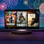 보라색에서 자주색으로 그라데이션 되는 배경에 2025형 LG OLED TV 정면컷과 2025형 LG QNED TV 측면컷이 순서대로 나열되어 있습니다