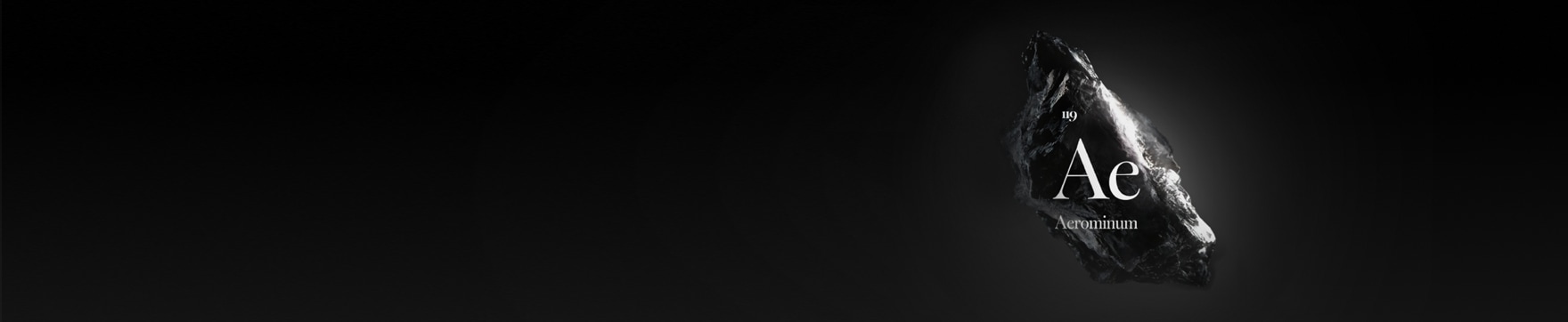 어두운 그라데이션 배경 오른쪽에 검은 광석과 “Ae Aerominum” 텍스트가 있는 배너 이미지