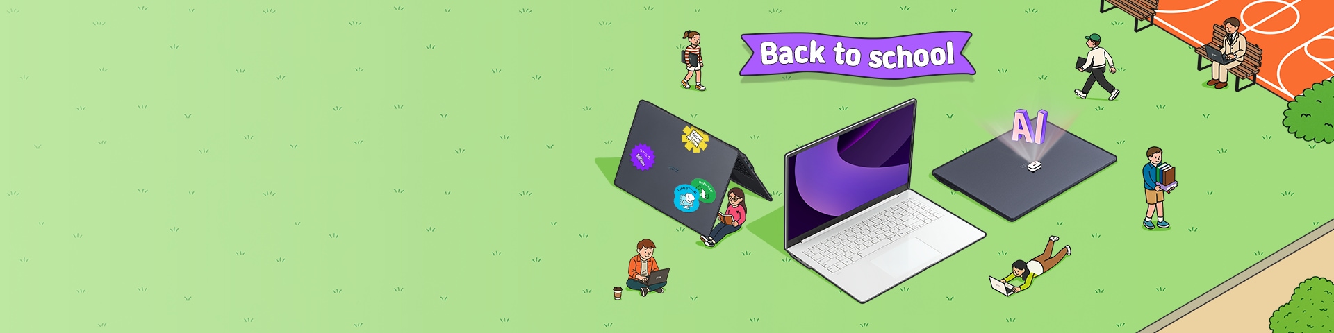 노트북은 다른 형태와 기능을 상징하며, 상단에 'Back to school'이라는 텍스트 배너가 위치해 있습니다.