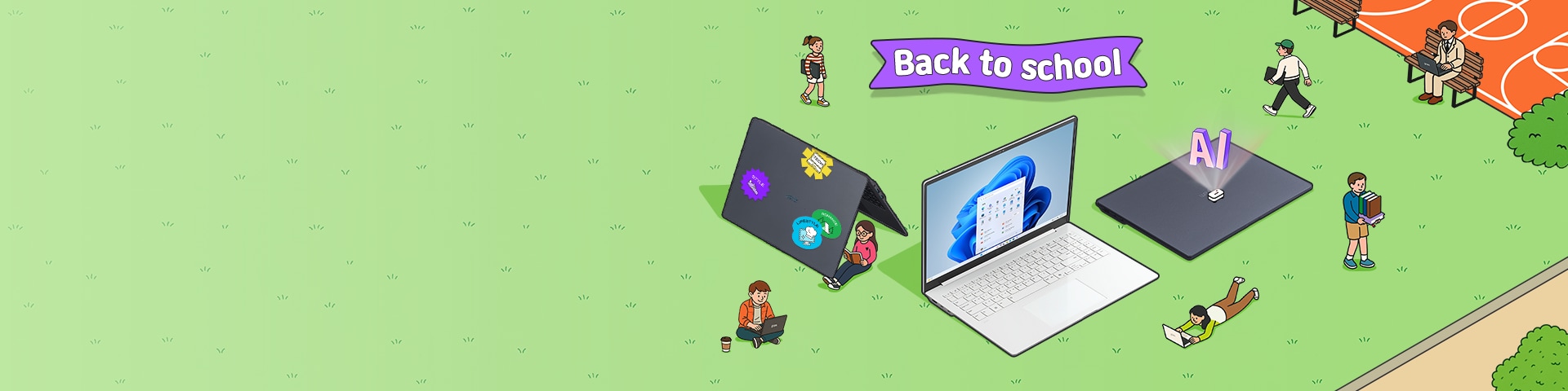 노트북은 다른 형태와 기능을 상징하며, 상단에 'Back to school'이라는 텍스트 배너가 위치해 있습니다.
