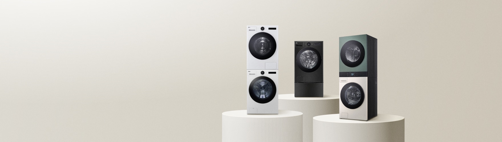 LG 트롬 오브제컬렉션 워시타워 25/21kg(WL21EGZU)와 LG 트롬 오브제컬렉션 워시콤보+미니워시(FH25KAX)의 측면컷 배치된 이미지