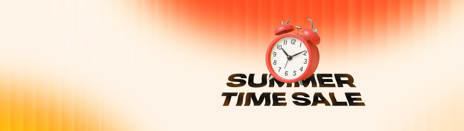주황색과 노란색 그라데이션 배경 위에 빨간색 자명종 시계가 놓여 있고, 시계 아래에 'SUMMER TIME SALE'이라는 검은색 굵은 글자가 적힌 여름 세일 홍보 이미지.