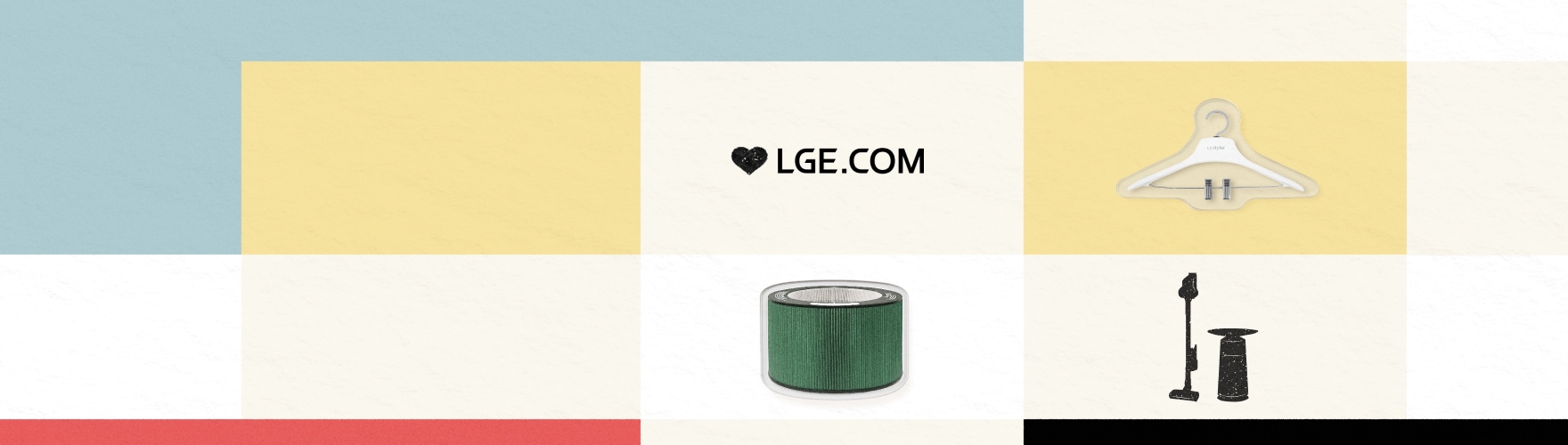 파스텔톤의 블록 패턴 배경 중앙에 하트와 함께 'LGE.COM' 텍스트가 있습니다. 오른쪽에는 LG 옷걸이와 무선청소기, 아래에는 원형 공기청정기 필터가 배치되어 있습니다.