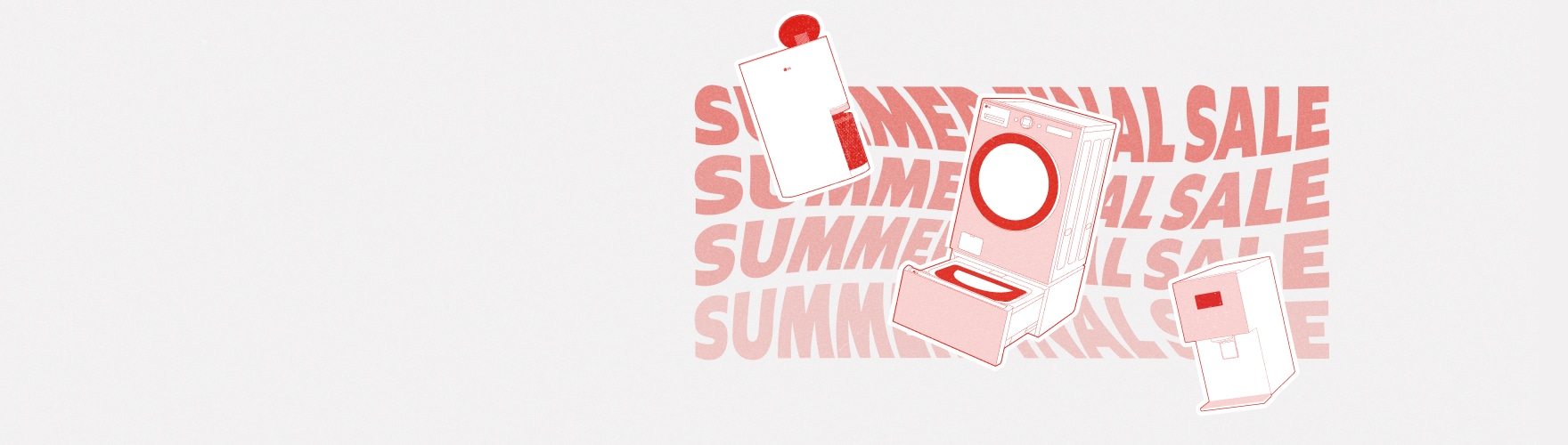 연한 회색 배경 오른쪽에 ‘SUMMER FINAL SALE’ 문구가 반복되어 있고, 그 앞에 LG전자 가전을 형상화한 빨간색 톤의 일러스트 3종이 배치되어 있다.