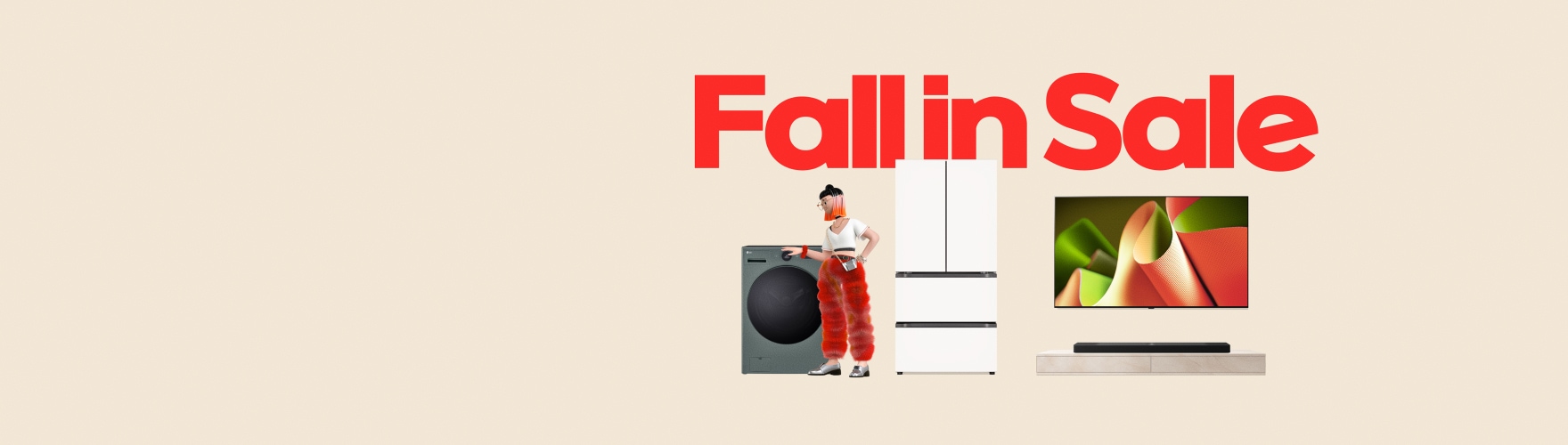 좌측에는 기획전 뱃지와 LGE.COM Fall in Sale, 새 계절 새 공간을 위한 가전 혜택이라는 카피가 작성되어 있음. 우측에는 Fall in Sale 문구와 함께 디오스 냉장고, 트롬 세탁기, 올레드 TV, 사운드바 제품이 배치되어 있으며, 붉은 바지와 개성 있는 헤어스타일의 일러스트 캐릭터가 세탁기를 짚고 서 있음.