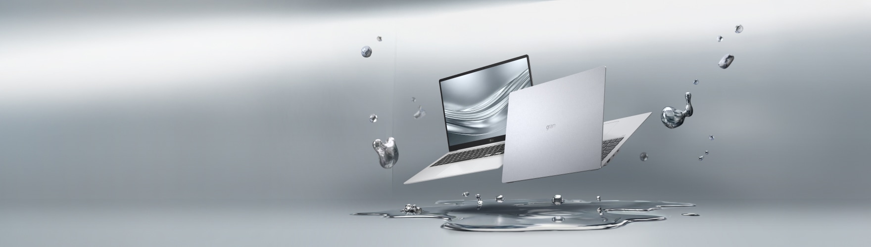 연한 회색 배경에 공중에 떠 있는 LG gram 노트북 이미지