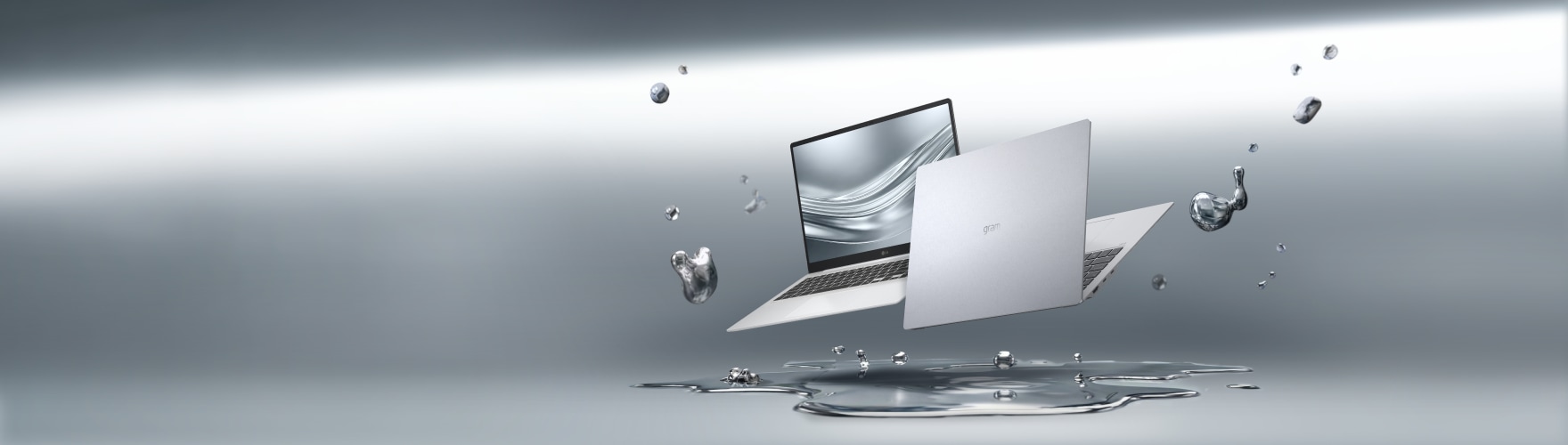 연한 회색 배경에 공중에 떠 있는 LG gram 노트북 이미지