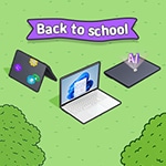 노트북은 다른 형태와 기능을 상징하며, 상단에 'Back to school'이라는 텍스트 배너가 위치해 있습니다.