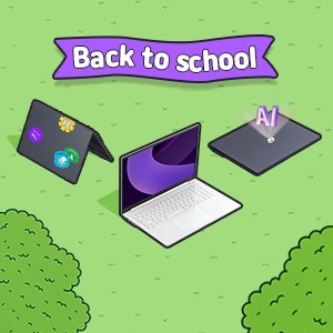 노트북은 다른 형태와 기능을 상징하며, 상단에 'Back to school'이라는 텍스트 배너가 위치해 있습니다.