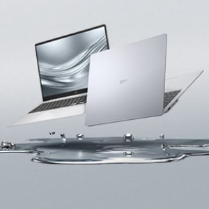 메탈릭 오브제와 함께 LG그램 노트북 2대 떠있는 이미지