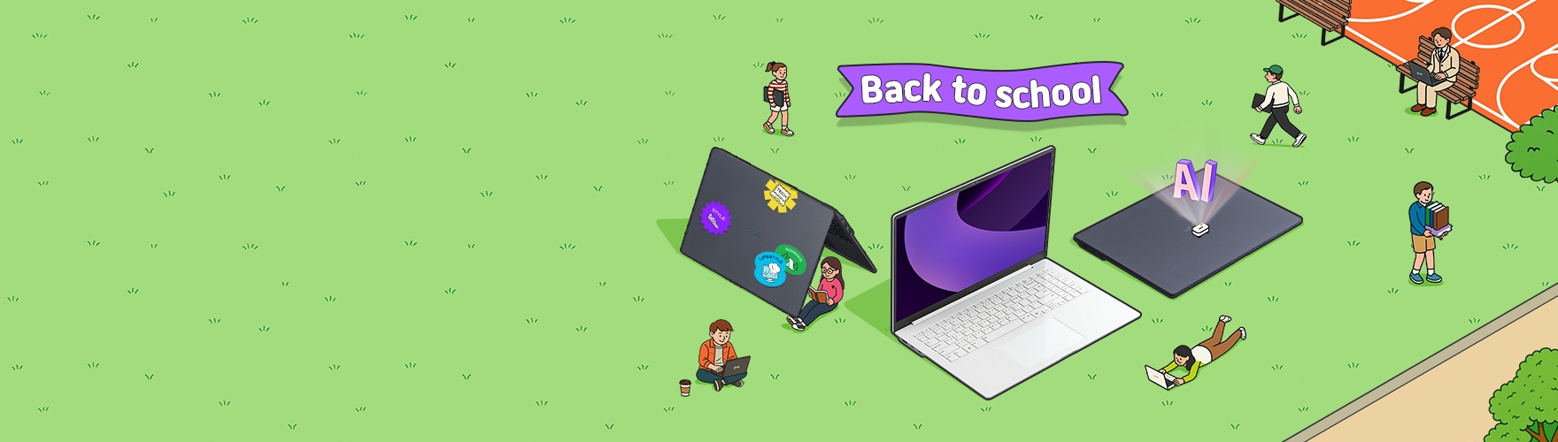 초록 잔디 위 ‘Back to school’ 리본 문구가 있고, 학생 일러스트들이 걷거나 노트북을 사용하는 모습. 중앙에는 LG 그램 노트북, 왼쪽에는 스티커가 붙은 LG 그램 360(텐트 모드), 오른쪽에는 AI 아이콘이 떠 있는 LG 그램 노트북이 나란히 배치되어 있다.