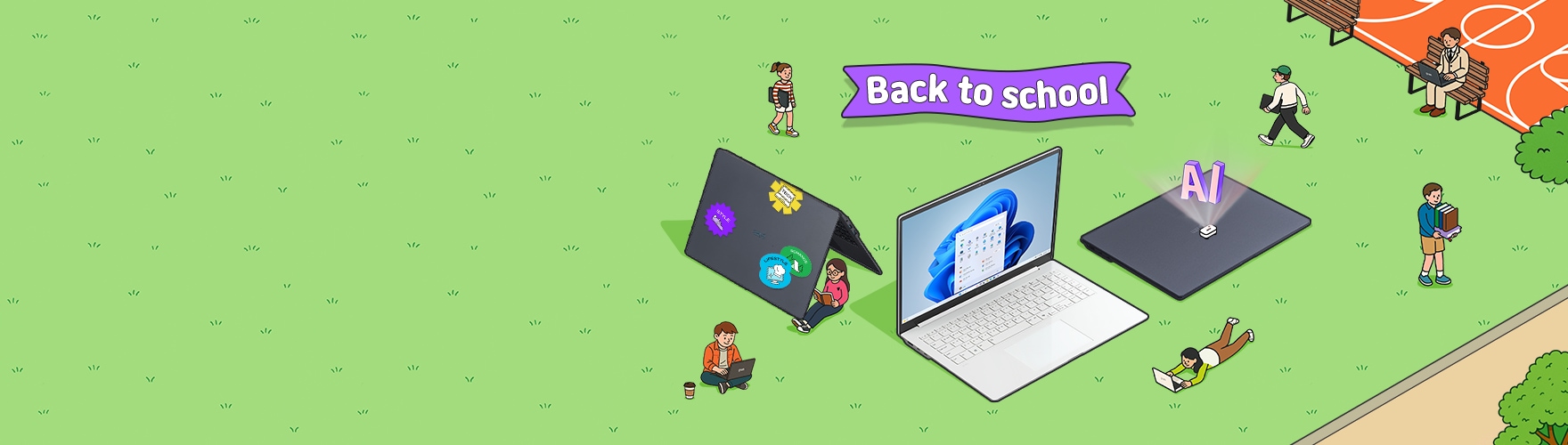 초록 잔디 위 ‘Back to school’ 리본 문구가 있고, 학생 일러스트들이 걷거나 노트북을 사용하는 모습. 중앙에는 LG 그램 노트북, 왼쪽에는 스티커가 붙은 LG 그램 360(텐트 모드), 오른쪽에는 AI 아이콘이 떠 있는 LG 그램 노트북이 나란히 배치되어 있다.