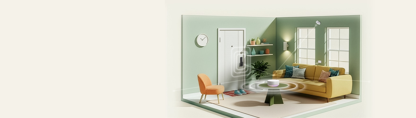 따뜻한 파스텔톤의 거실 인테리어로, 노란 소파와 녹색 벽, 창문을 통해 햇살이 들어오는 아늑한 분위기 속에 스마트홈 기기들이 연결된 모습을 표현한 이미지입니다.
