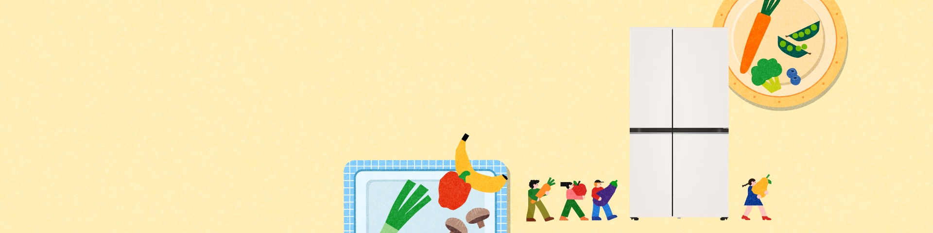 LGE.COM 고르는 맛이 있는 BEST 냉장고 특가전 배너, 중앙 LG 디오스 AI 오브제컬렉션 냉장고 (매직스페이스)와 주변의 채소·음식·사람 일러스트가 어우러진 밝은 디자인