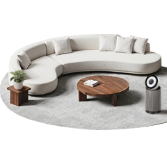 우측 아이보리 소파 및 테이블, 퓨리케어 공기청정기가 놓여져 있는 배너 이미지.