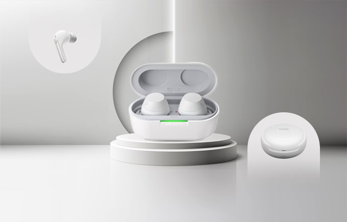 화이트톤 벽 앞에 톤프리 제품이 놓여져 있고, 이어버드,크래들과 같은 소모품이 보여지는 배너 이미지