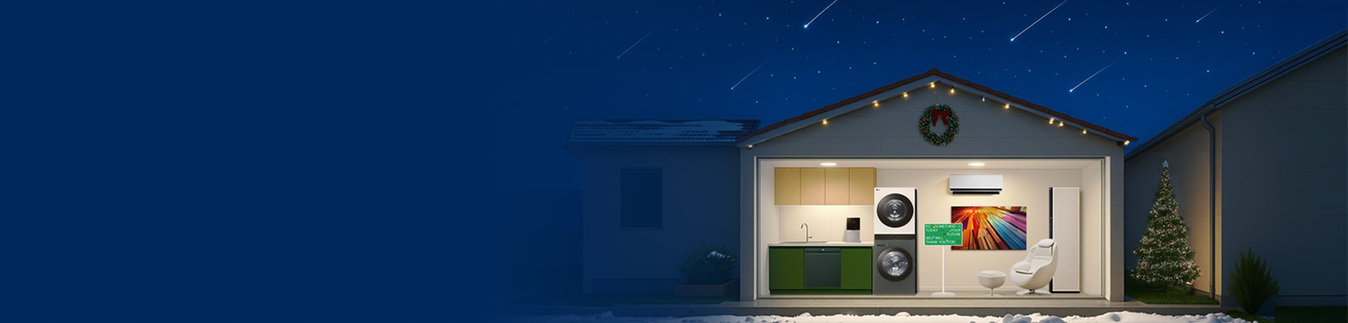 어두운 밤하늘 배경에 별이 떨어지며 숙소 인테리어 내 LG전자의 식기세척기, 정수기, 워시타워, 스탠바이미, 벽걸이에어컨, 올레드 TV, 안마의자, 스타일러가 놓여 있는 이미지