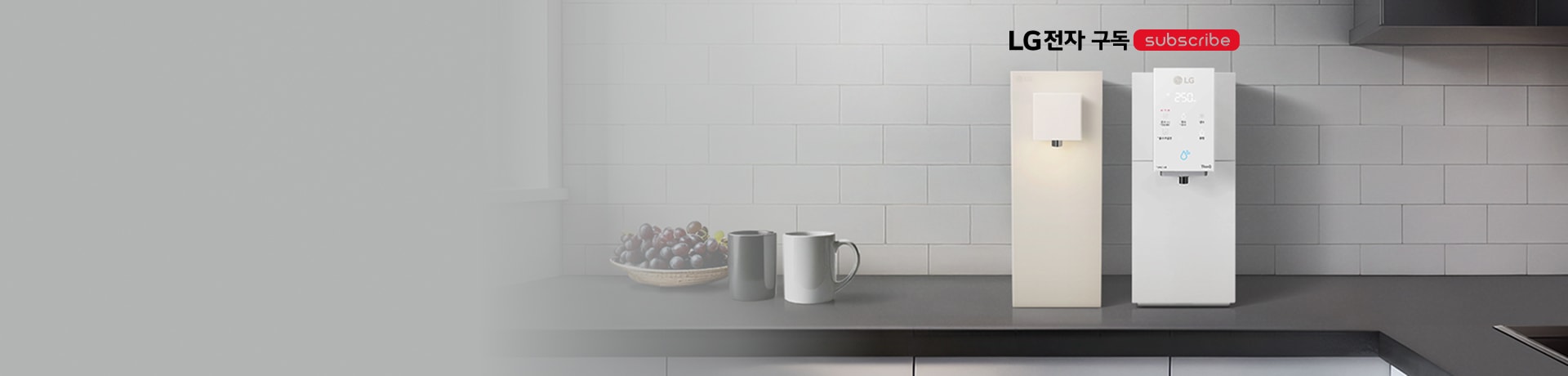 그레이 톤 주방 배경, 우측 전경에 정수기 2종과 컵, 과일 바구니 등이 배치, 중앙 상단에 ‘LG전자 구독 subscribe’ 텍스트 배치