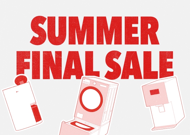 회색 배경에 SUMMER FINAR SALE 붉은색 폰트 이미지가 붉은색 라인드로잉 형태로 노출됩니다 상단에 있고 아래 엘지 제습기, 세탁기, 얼음정수기가 