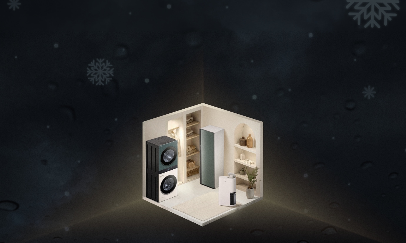 '습기 걱정 끝, 겨울 대비 시작!' 문구와 함께 워시타워, 스타일러, 제습기가 놓인 미니멀한 세탁실 인테리어 이미지.