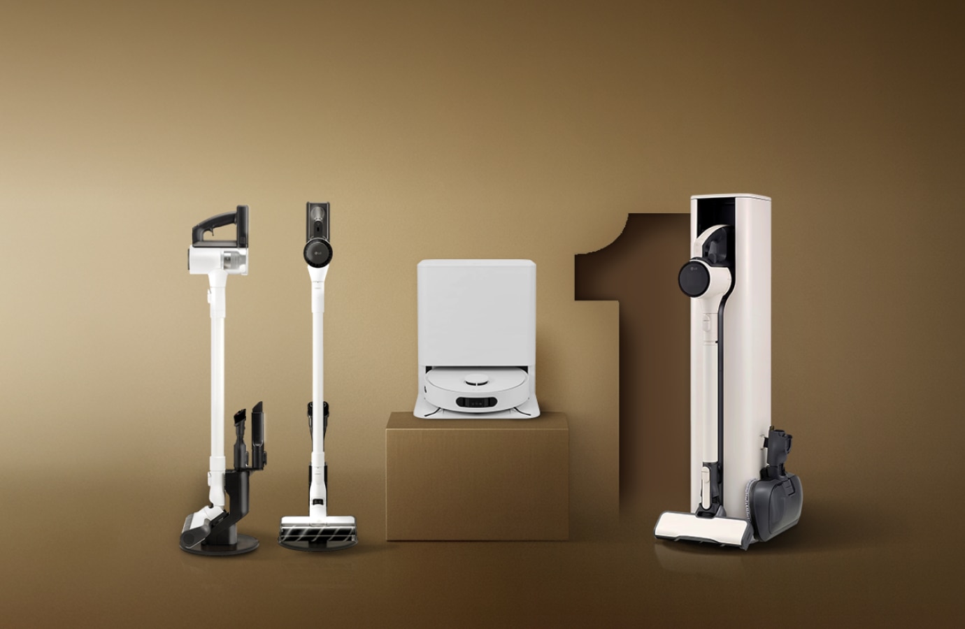 브라운 배경에 양 옆으로 코드제로 청소기 배치. 가운데 숫자 1로 1등청소기를 표현.