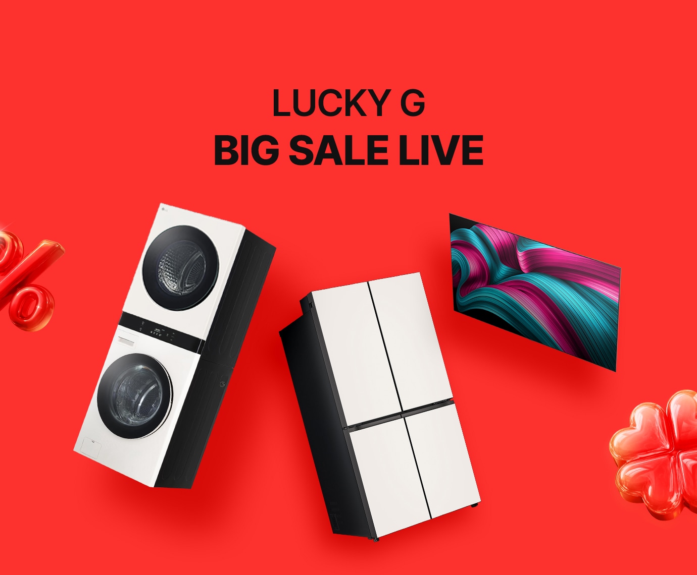 붉은 배경에 LG 오브제컬렉션 워시타워와 냉장고 LG OLED TV LG 오브제컬렉션