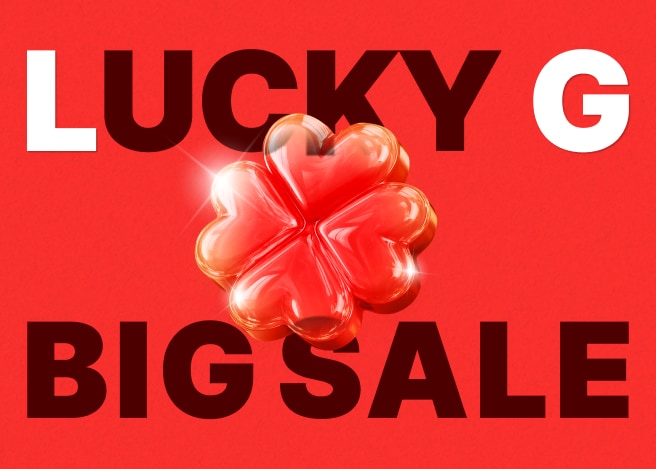 붉은색 배경에 가운데 반투명한 붉은색 네잎클로버가 있고 'LUCKY G BIG SALE' 문구가 위 아래로 크게 써있습니다