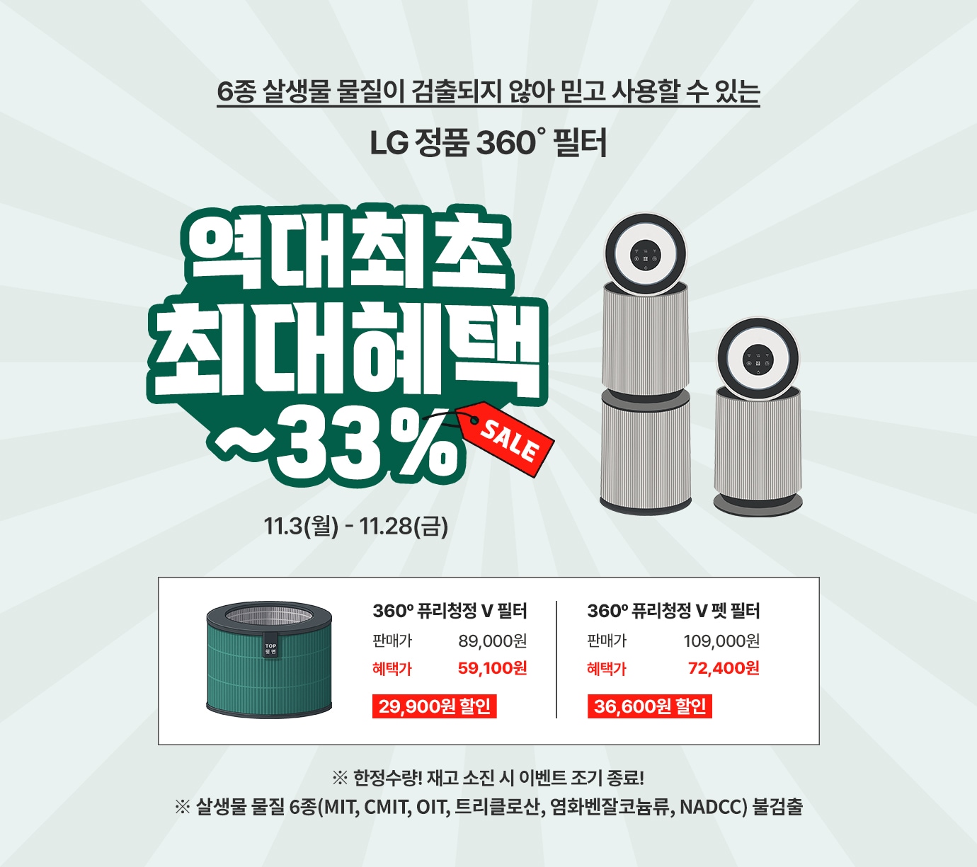 이벤트 타이틀 시작
6종 살생성 물질이 검출되지 않아 믿고 사용할 수 있는 LG정품 360˚ 필터.
역대 최초 최대 혜택 ~33% 세일

행사기간 : 2025.11.3일(월) ~ 11.28일(금)
이벤트 타이틀 종료

행사제품
1. 360˚ 퓨리청정 v필터 판매가 89,000원 혜택가 59100원 29900원 할인
2.  360˚ 퓨리청정 v 펫 필터 판매가 109,000원 혜택가 72400원 36600원 할인.
한정 수량! 재고 소진 시 이벤트 조기 종료!
※살생성 물질 6종(MIT,CMIT,OIT,트리클로산,염화벤잘코늄류,NADCC)불검출
