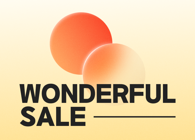 노란빛 배경에 붉은 원과 주황빛 그라데이션 원이 겹쳐진 그래픽과 'WONDERFUL SALE' 문구 배너