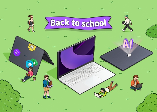 노트북은 다른 형태와 기능을 상징하며, 상단에 'Back to school'이라는 텍스트 배너가 위치해 있습니다.